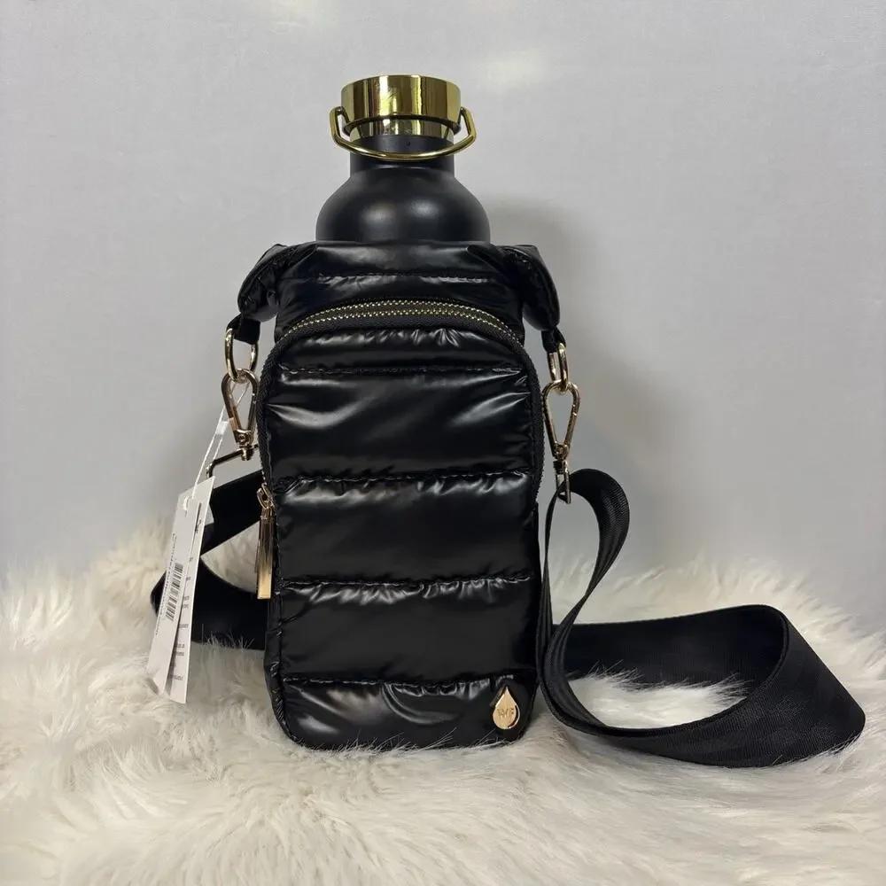 Wanderfull Hydrobag with 34oz Water Bottle Black Shiny Puffer Bag Gold Hardware